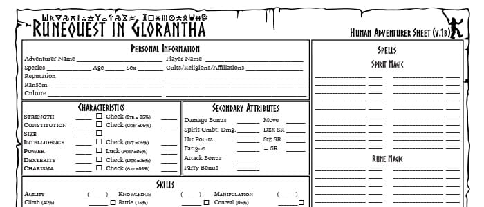 RuneQuest in Glorantha Character Sheet Featured Image